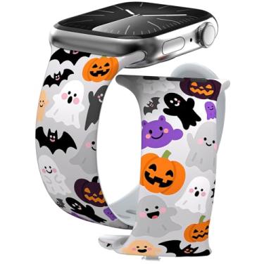 Imagem de THONWO Pulseira de relógio para o Dia das Bruxas e Natal, compatível com Apple Watch todas as séries, pulseiras esportivas de silicone macio para iWatch para homens e mulheres (Halloween Ghost, 44/45
