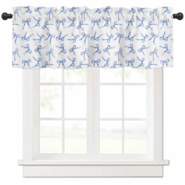 Imagem de Sanefas de cortina de cozinha para janelas, laço de fita azul sem costura, bolso para varão, pequena sanefa em aquarela em branco, tratamento de janela curta para quarto, banheiro, sala de estar