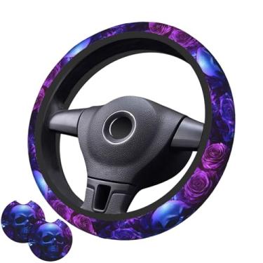 Imagem de Capa de volante de caveira preta gótica e rosa com 2 porta-copos de carro antiderrapante de neoprene para mulheres e homens, conjunto universal de 38 cm, elegante e prático