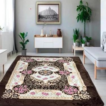 Imagem de Tapete Veludo, 4050, Tons Marrom com flores em rosa e toque dourado 3d 2,00x2,40 Indiano Antiderrapante