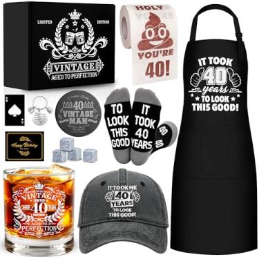 Imagem de Presentes de aniversário de 40 anos para homens, conjunto de copos de uísque, suprimentos de festa de 40 anos, com porta-copos de vidro de uísque de 325 ml, boné de beisebol de pedra, avental de meia