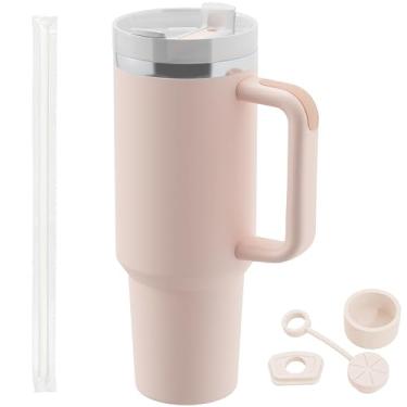 Imagem de Copo de 1,134 g com alça e tampa de canudo Capa de silicone à prova de vazamento Tampa de palha Caneca de café de viagem Garrafa de água de aço inoxidável Copo isolado para bebidas quentes e frias