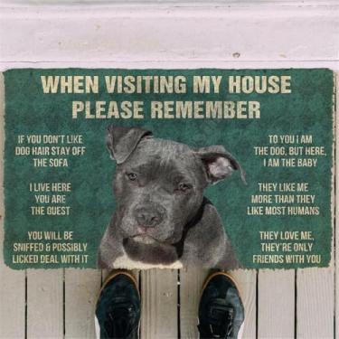 Imagem de Humaion Tapete antiderrapante para porta frontal Please Remember Pitbull Dogs House Rules Capacho personalizado 40 x 61 cm