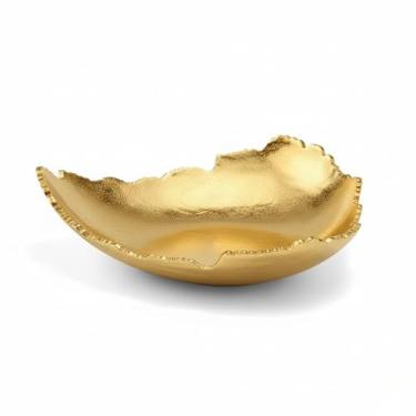 Imagem de Tigela de centro de mesa de metal martelado de bronze dourado de 30,5 cm com bordas esculpidas de alumínio revestido em pó preto, enfeite de mesa moderno para casa, cozinha, sala de jantar, tigela