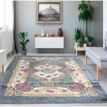 Imagem de Tapete Veludo, 4051, Tom cinza com Flores em rosa e toque dourado, 3d 2,00x2,40 Indiano Antiderrapante