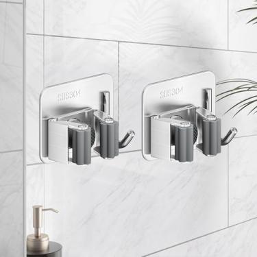 Imagem de 2 peças de suporte de vassoura de esfregão sem broca de aço inoxidável 304, organizador de vassoura de esfregão montado na parede resistente com ganchos, rack de armazenamento autoadesivo para