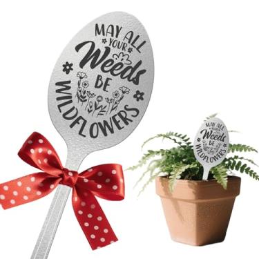 Imagem de CUTHOLLOW Marcador de plantas de jardim All Your Weeds Be Wildflowers, 2 peças de etiquetas de colher de metal para uso externo à prova d'água - Presentes de amizade para mulheres jardineiras