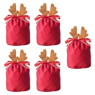 Imagem de Esquirla Conjunto de 5 Sacolas de Presente Natalinas com Cordão, Ideais para Brincar, Presentear, Guardar Brinquedos, Lembrancinhas de Festa, Presentes do, Saco Vermelho, Brown Antlers S