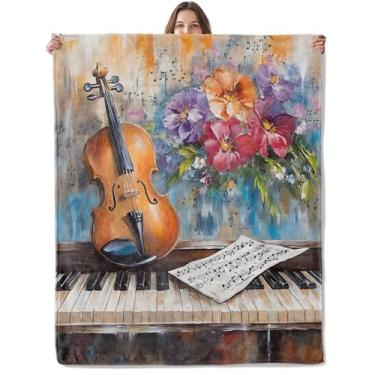 Imagem de Lugiu Cobertor artístico para violino e piano, leve, confortável, romântico, música, cobertores para sofá, quarto, cobertor macio de flanela para viagem, presentes para adultos, crianças, mulheres