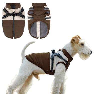 Imagem de COOHAMS Casaco de inverno para cães pequenos e médios, roupa de neve impermeável e à prova de vento, jaqueta de lã, casaco refletivo para filhotes com arnês embutido (marrom clássico, 2GG)