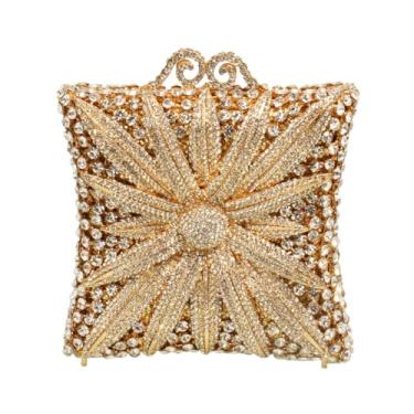 Imagem de DKQXEIM Bolsa feminina com glitter e girassol, bolsa para noite, floral, strass, cristal, bolsa de mão de casamento para coquetéis, Dourado