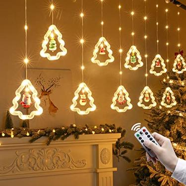 Imagem de 3 m de luzes de janela de Natal interiores, 10 luzes de cortina em forma de árvore de Natal brancas quentes com papai noel de desenho animado e 120 luzes de fada LED, decorações de Natal para casa quarto festa ao ar livre