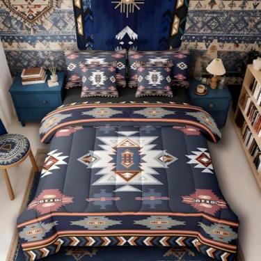 Imagem de Erosebridal Conjunto de edredom King com lençol ocidental | Conjunto de cama geométrico de 7 peças, casa de fazenda, asteca, listras, diamante, triângulo, azul marinho