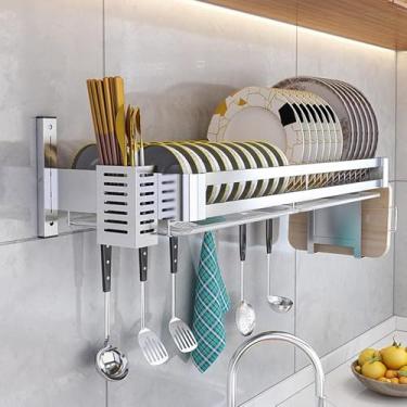 Imagem de Rack de armazenamento de parede de aço inoxidável, prateleira de armazenamento de cozinha, escorredor de pratos com bandeja coletora, escorredor de louça, com suporte para talheres e tábua de corte