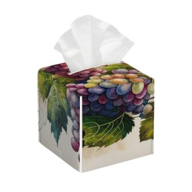 Imagem de Capa quadrada de couro para caixa de lenços de papel, impermeável, fruta, uvas, realista, retrô, facial, organizador com cinto inferior, estojo de lenços para mesa, banheiro, escritório, mesa, carro
