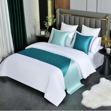 Imagem de Cachecol para cama de hotel, simples, elegante, cores contrastantes, roupa de cama, decorativa, sem desbotamento, colcha, protetora, macia, para cama de solteiro, queen, king size, azul. ||50 x 180 cm