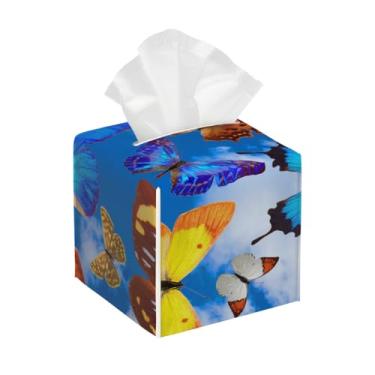 Imagem de Porta-lenços de papel quadrado de couro impermeável borboleta céu animal organizador de papel facial com cinto inferior estojo de lenços para mesa, banheiro, escritório, mesa, carro, decorativo