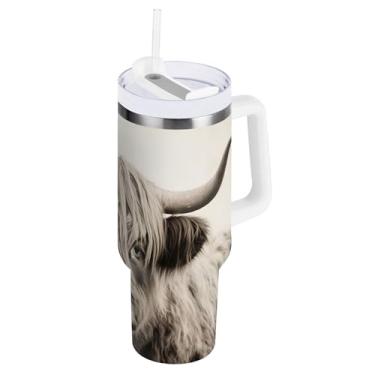 Imagem de xigua Copo Highland Cow de 850 g com tampa e canudo, aço inoxidável de vácuo duplo isolado garrafa de água esportiva suporte para copo de café de viagem à prova de vazamento para bebida gelada