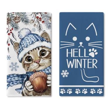 Imagem de Croar Hello Winter Conjunto de 2 panos de prato de cozinha gato malhado, toalha de mão de secagem azul, pano de cozimento, dono de animal de estimação, presente para amantes, Natal, estampa de pata