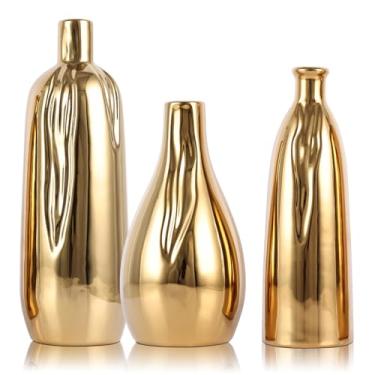Imagem de Conjunto de 3 mini vasos de cerâmica dourados brilhantes, pequenos vasos de cerâmica para decoração, vasos de botão para mesa de centro de mesa de cabeceira, cozinha, bandeja de mesa de centro para