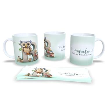 Imagem de Caneca Personalizada Aline, Design Coruja com Letra A, Frase Motivacional Professor, Listras Coloridas Pastel (r)