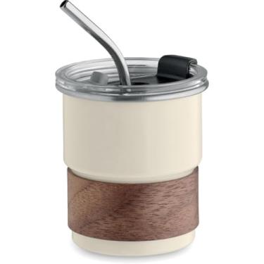 Imagem de Copo Térmico Inox 260ml com Tampa Vedante e Canudo Inox – Parede Única, Detalhe em Madeira Nogueira, Design Sofisticado para Bebidas Frias e Mornas (Branco)