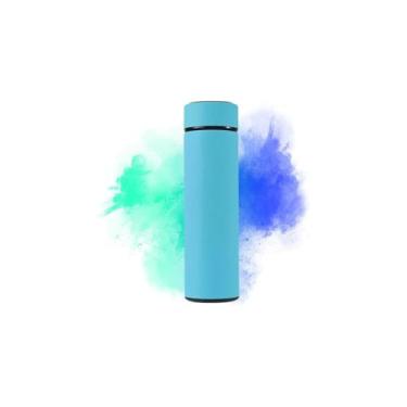 Imagem de Garrafa Térmica com Termômetro Digital, 500ml, Aço Inox, Azul, 22,5cm Altura, com Cestinha de Infusão