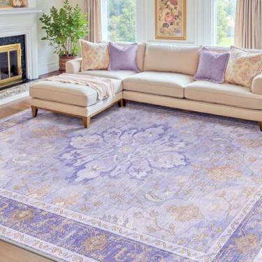 Imagem de RELEANY Tapetes de área, 2,3 m x 25,4 m, lavável, antiderrapante, estampa floral, vintage, tapete medalhão para sala de estar, quarto, sala de jantar, roxo claro e marrom