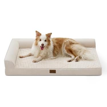 Imagem de COZY KISS Cama ortopédica para cães de tamanho grande, sofá extragrande em forma de L, sofá reforçado de espuma com forro à prova d'água, antiderrapante, lavável, 112 x 81 x 18 cm, bege