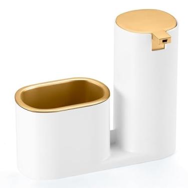 Imagem de Dispenser Porta Detergente Luxo 500ml com Suporte para Bucha – Organizador Moderno para Pia de Cozinha(BRANCO COM DOURADO)