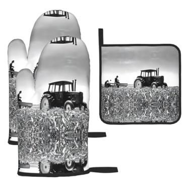 Imagem de Tractor Agriculture Tranquil – Conjunto de cozinha essencial com 3 peças, luvas resistentes ao calor e aderência da tampa, proteção para churrasco no forno, design de armazenamento suspenso.