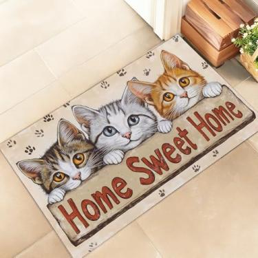 Imagem de amepay Tapete de porta interior Home Sweet Home Cat – Capacho elegante de 43 x 75 cm de tecido não tecido com design de gatinho fofo, para varanda, quarto, sala de estar - Tapete de decoração moderna