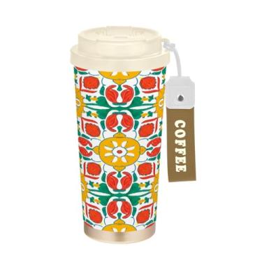 Imagem de STAYTOP Caneca de café de viagem com isolamento de azulejos de cerâmica estilo mexicano, 482 g, copo de café de aço inoxidável reutilizável com tampa flip à prova de vazamento à prova de vazamento