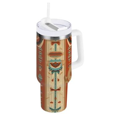 Imagem de Kigai Copo de impressão tribal nativo americano de 850 g com tampa e canudo, copo isolado de aço inoxidável durável à prova de vazamento com alça, garrafas de água à prova de derramamento para viagens