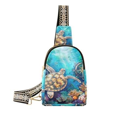 Imagem de CEBUGI Bolsa tiracolo feminina pequena tipo pochete de couro com tartaruga marinha para trilhas, viagens ao ar livre