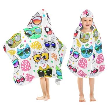 Imagem de Burbuja Caras de gato com desenho animado usando óculos de sol toalha de banho com capuz para crianças, toalha de praia de pelúcia macia absorvente para meninas e meninos 3-10 anos, 61 x 127 cm