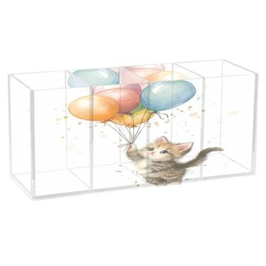 Imagem de Burbuja Suporte de caneta de acrílico fofo gatinho voando com balões 4 compartimentos, suporte de lápis transparente para pincel de maquiagem estacionário, acessórios de mesa de escritório em casa