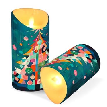 Imagem de Blueangle Pacote com 2 velas coloridas de árvore de Natal sem chamas com controle remoto e temporizador, velas LED cintilantes (7,6 cm x 9,9 cm) para decoração de casa, casamento, acampamento (422)