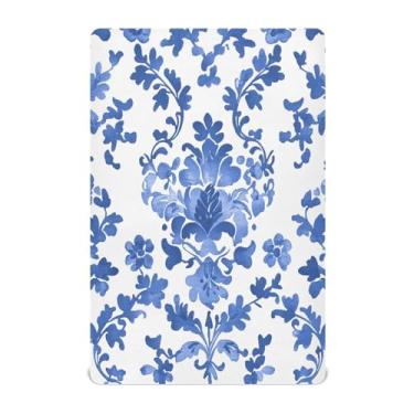 Imagem de CEBUGI Lençol de berço elástico para bebês meninos e meninas, azul com estampa de damasco portátil, mini lençol com elástico para crianças, material neutro, ultra macio, colchão infantil padrão