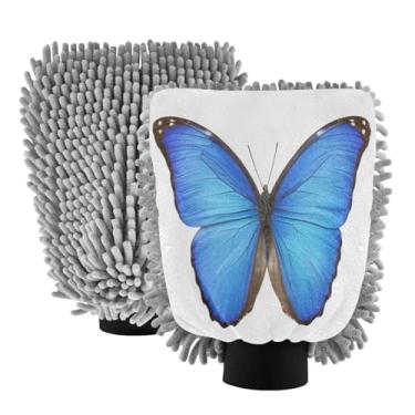 Imagem de STAYTOP Lindas luvas de lavagem de carro de borboleta azul, 2 peças, luvas de microfibra de chenille, sem arranhões, panos de esponja de lavagem ultra absorventes para carros, limpeza doméstica - G