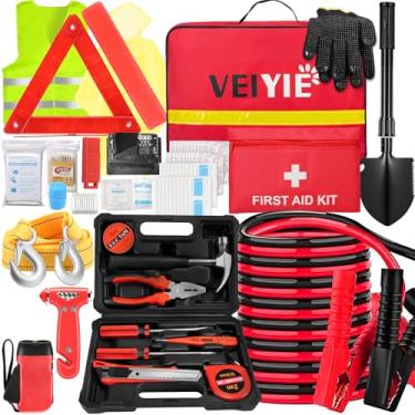 Imagem de VEIYIE Kit de emergência para carro – Kit de assistência na estrada com cabos jumper de 3 m, alça de reboque, kit de ferramentas, triângulo de aviso reflexivo, essenciais para viagens rodoviárias