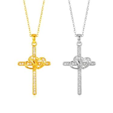 Imagem de Gmai Presentes de aniversário de Dia dos Namorados amizade para casais conjunto de colar de prata dourado 2 estilos pingente de coração cruz e zircão corrente de coração não mancha, joia para ele, sua