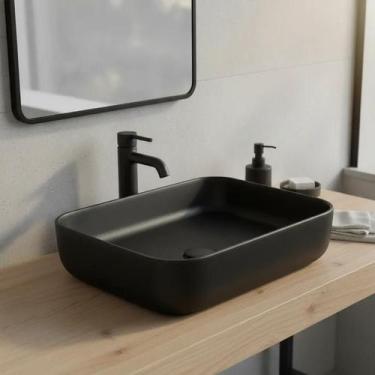 Imagem de Cuba sobrepor cerâmica banheiro retangular preta com válvula - Stillus