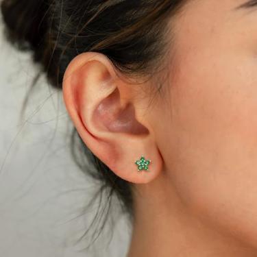 Imagem de Brincos de costas planas para mulheres, brincos com costas planas, banhado a ouro 14 K, brincos com costas planas de zircônia cúbica de flor, verde, top size-5mm, Aço inoxidável, Sem pedra preciosa