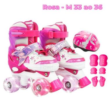 Imagem de Patins Infantil 4 Rodas Ajustável Rodinha Led Sereia + Kit Proteção - 