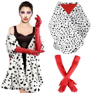 Imagem de Halloween Costume Women, Halloween Costume for Women with Dalmatian Shawl, 1920s Red Gloves and Long Plastic Holder, Dalmatian Costume Coat Jacket for Adult Cosplay Party