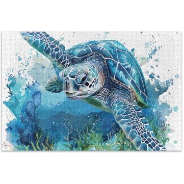 Imagem de Quebra-cabeça azul tartaruga marinha aquarela 1000 peças presentes para elefante branco jogo paisagem animal flor arte, 75 x 40 centímetros