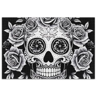 Imagem de Quebra-cabeça adulto crânio de açúcar com rosas 1000 peças quebra-cabeça bonito estampa animal grande quebra-cabeça presentes