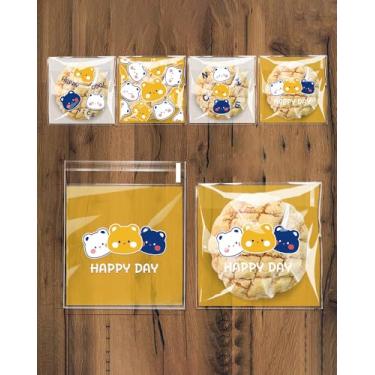 Imagem de 100 unidades de sacos autoadesivos para doces de biscoito - sinal de urso fofo feliz autovedante saco de guloseimas de celofane sacos de presente para lembrancinha de festa infantil doces doces de