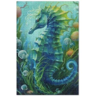 Imagem de Quebra-cabeça floral cavalo marinho azul petróleo, 1000 peças para adultos, decoração de arte, pintura, quebra-cabeças difíceis, presentes tecnológicos, 75 x 40 cm